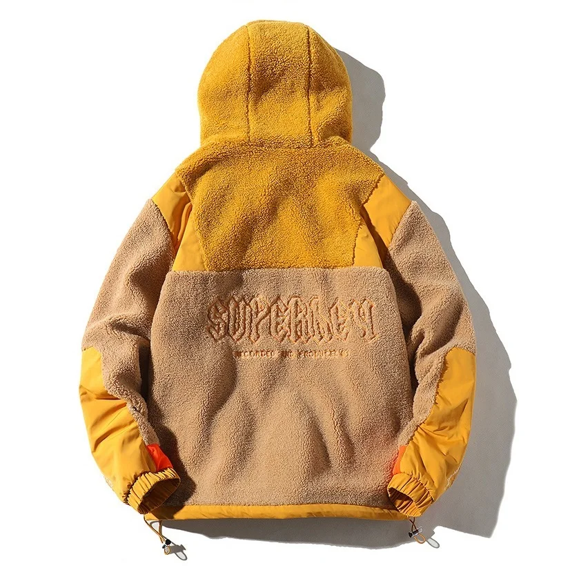 Color-blocked Stitching Imitation Lamb Wool Jackets Men Autumn and Winter Ins Trend Embroidered Hooded Warm Jacket Parka Hombre