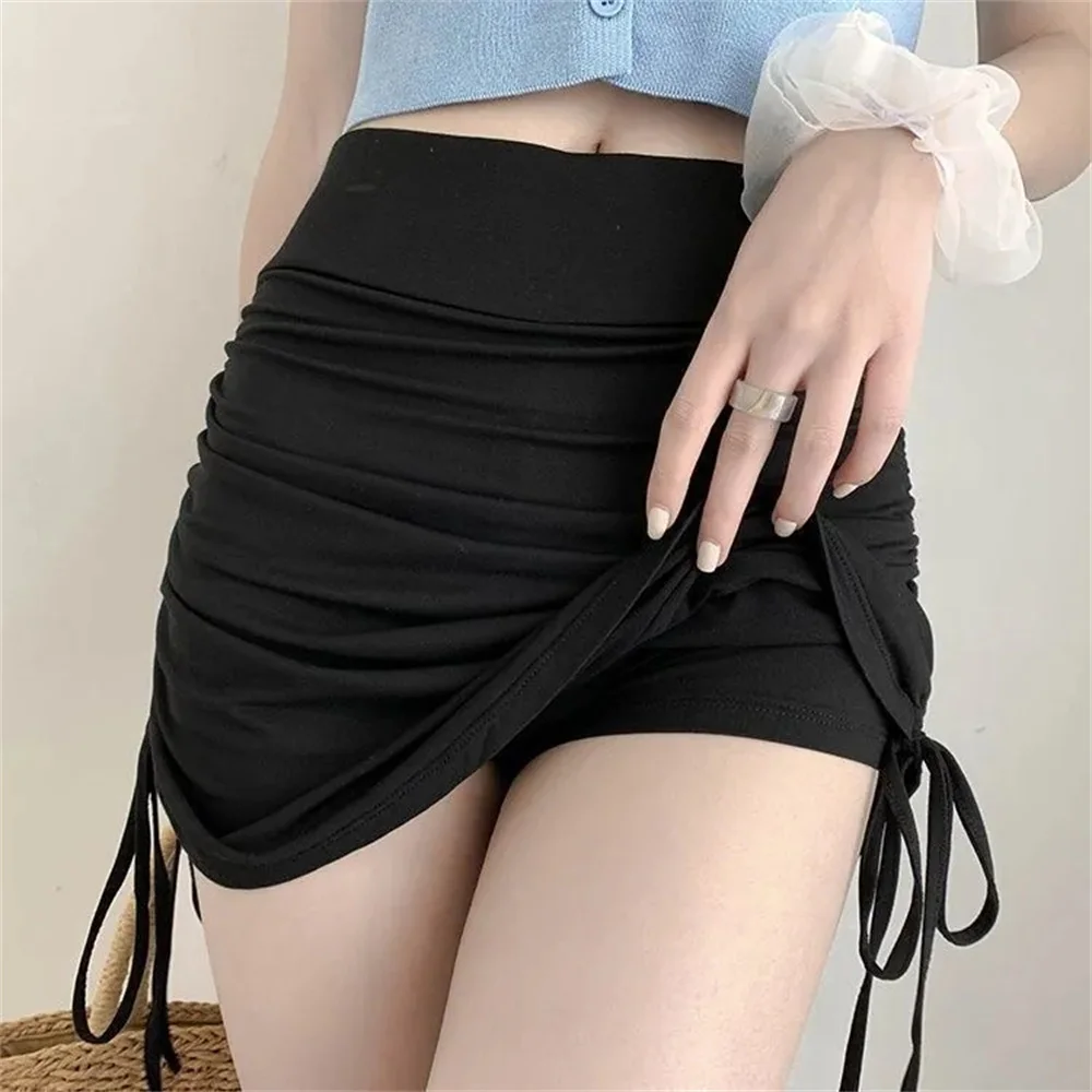 

S-XL Spring Summer Fashion Woman High Waist Drawstring Pleated Mini Hip Skirt Office Lady Cute Sweet Girl Student Short Skirts