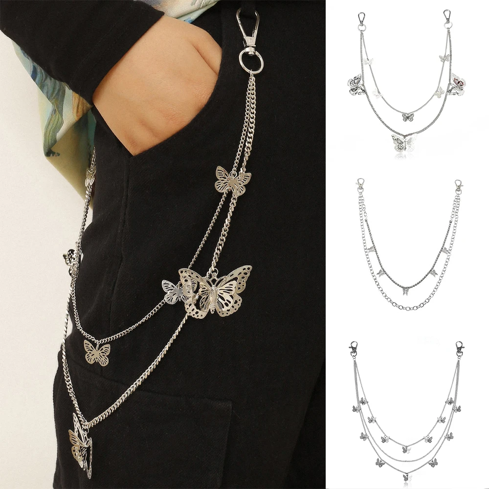 

Punk Butterfly Jeans Pants Ring Pant Chain Keychain Biker Jeans Link Pants Women Men Belt Chain Double Layers Trousers Jewelry