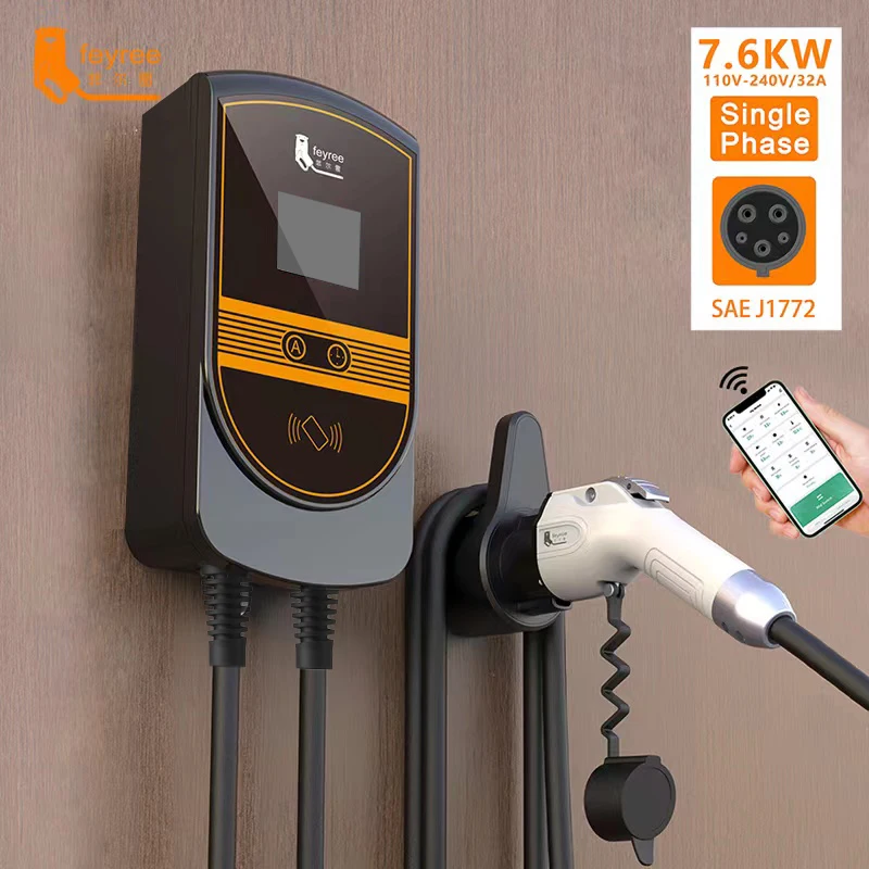Feyree Evse Wallbox J1772 Adattatore Type1 Cavo 32A 7.6Kw Ev Caricabatterie Type2 Stazione Di Ricarica Per Montaggio A Parete Controllo App Per Auto E