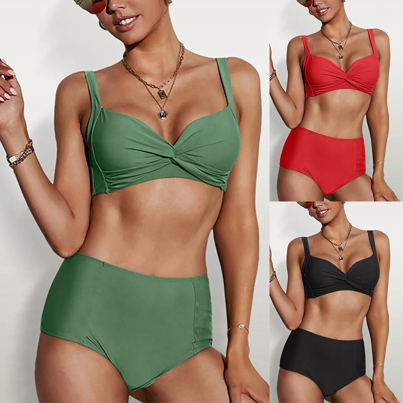 

Sexy Bikini 2022 Woman Summer Brazilian High Waist Bikinis Swimwear Split Solid Color Swimsuit Bathing Suit Two Piece Beachwear