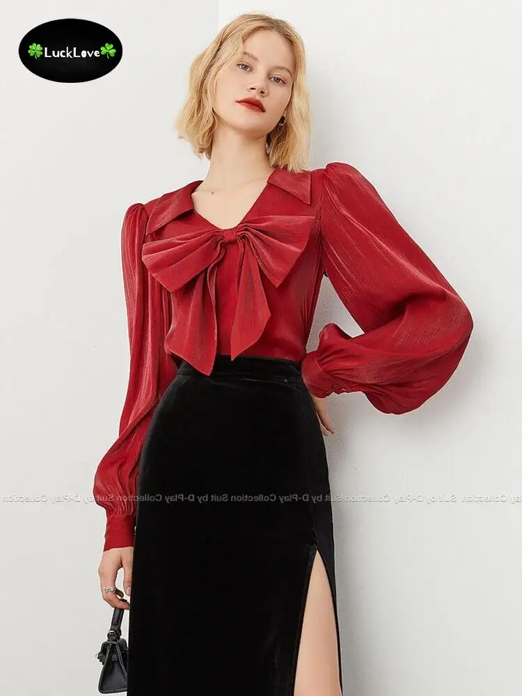 

Женская шифоновая блузка с бантом, дизайнерская винно-красная Клубная рубашка с длинным рукавом-фонариком для вечеринки, банкета и ужина, б...