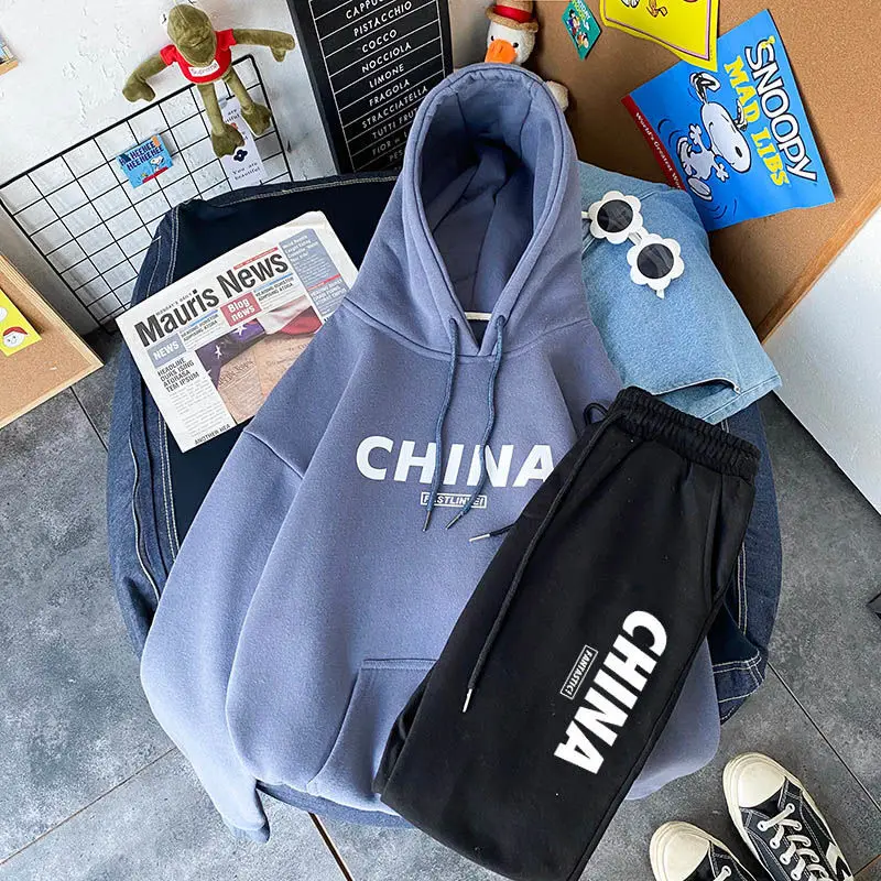 Осенне-зимний плюшевый свитер с капюшоном + спортивные брюки костюм из двух