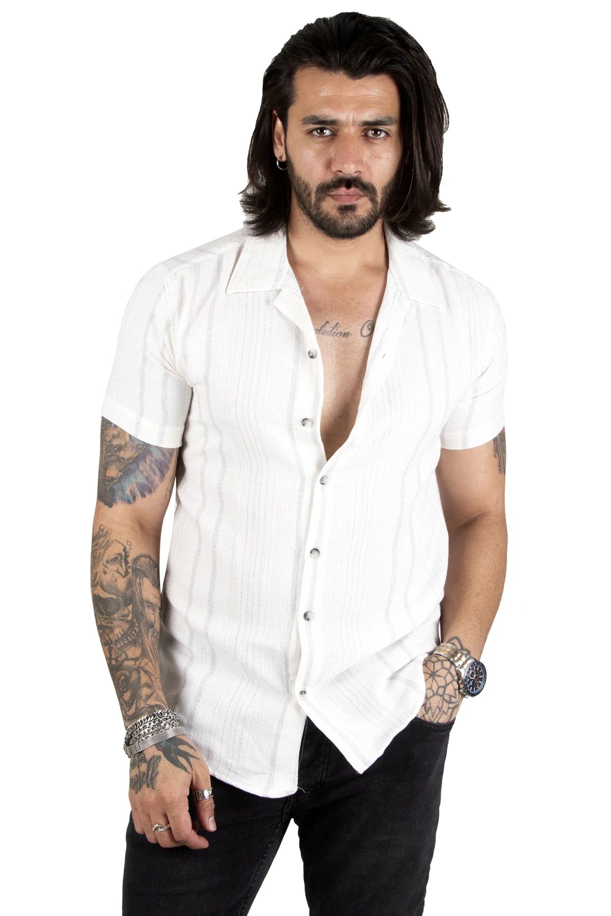 DeepSEA line patterned buttoned apac collar raw linen short sleeve men's shirt 2201913