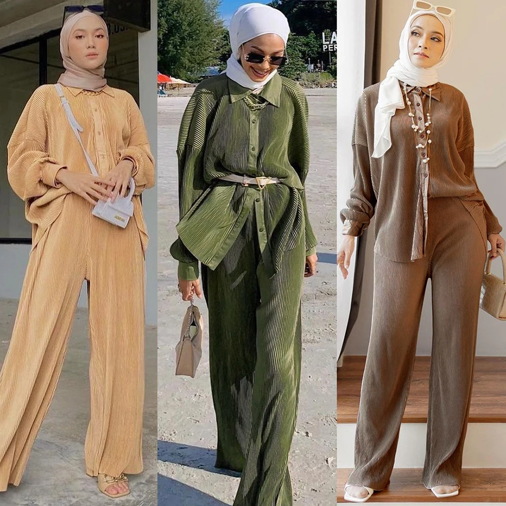 Muslim Fashion Set Dubai Travel Turkey Morocco Abaya Casual Women's Dress Malaysia Indonesia Dress Set Pleated Pants Set Dresses