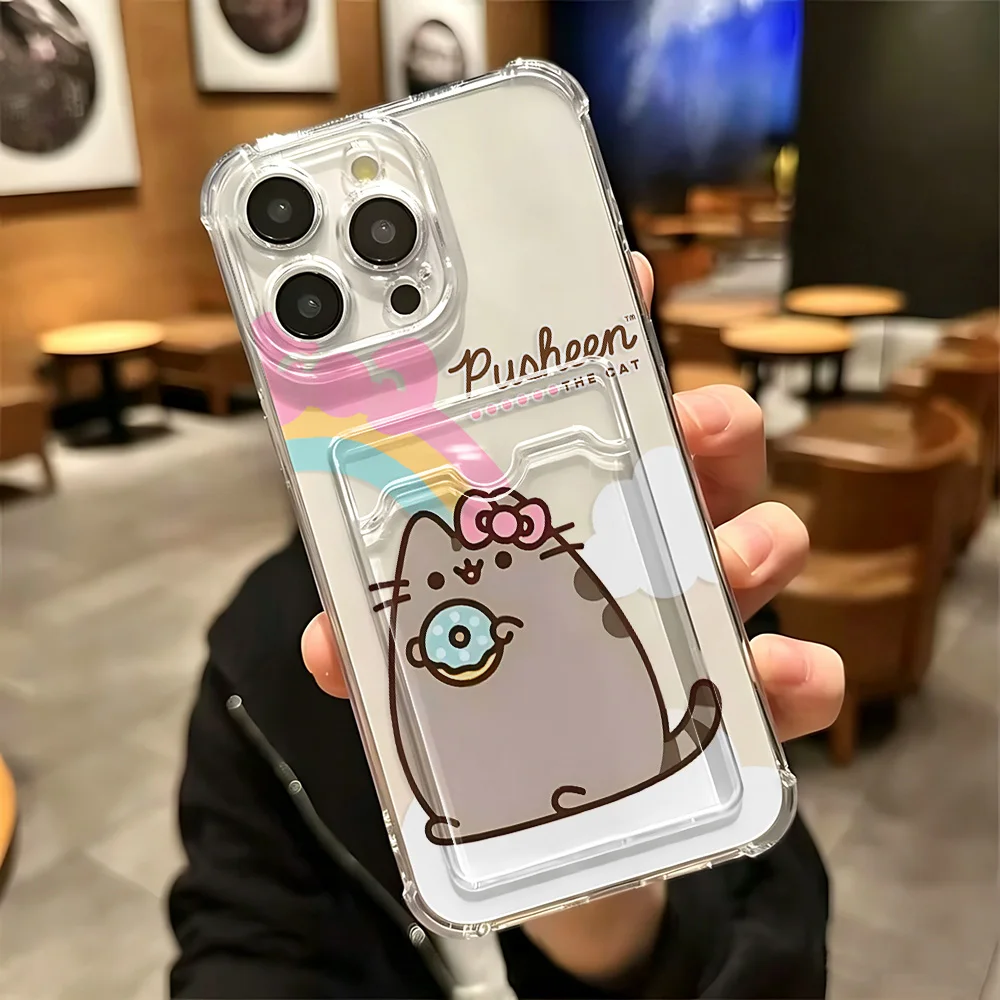 Милый чехол с котиком Пушином и держателем для карт для iPhone 18 17e 17 16e 16 15 14 13 12 11 Mini Pro Max X XR XSMax 7 8 Air Plus, прозрачный чехол. (art.: 3920dcfecb846) - 3920dcfecb846