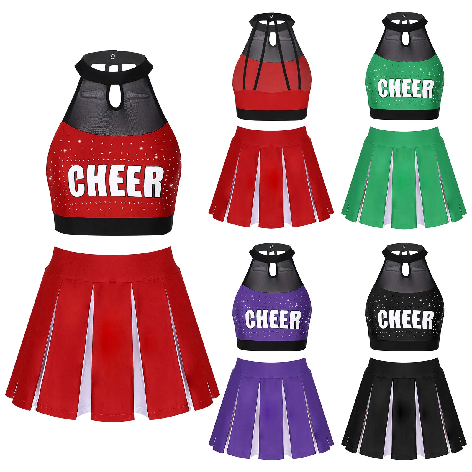 

#S-XXL Women Cheerleading Costume Outfit Letter Print Halter Mesh Crop Top with Pleated Mini Skirt Schoolgirl Cosplay Clothing