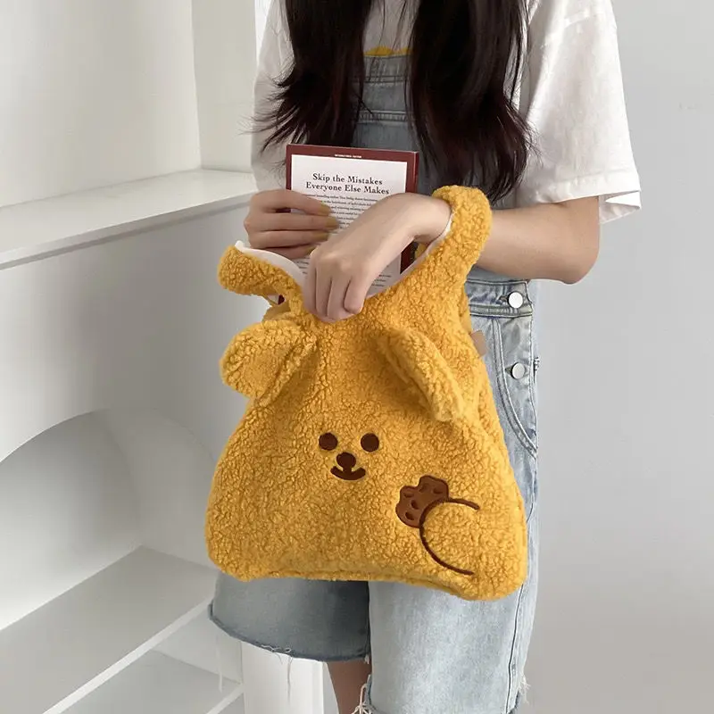

Soft Lamb Like Fabric Shoulder Bag Female Plush Tote Simple Warm Shopper Bags Embroidery Handbag Purses for Girls Bolsa Feminina