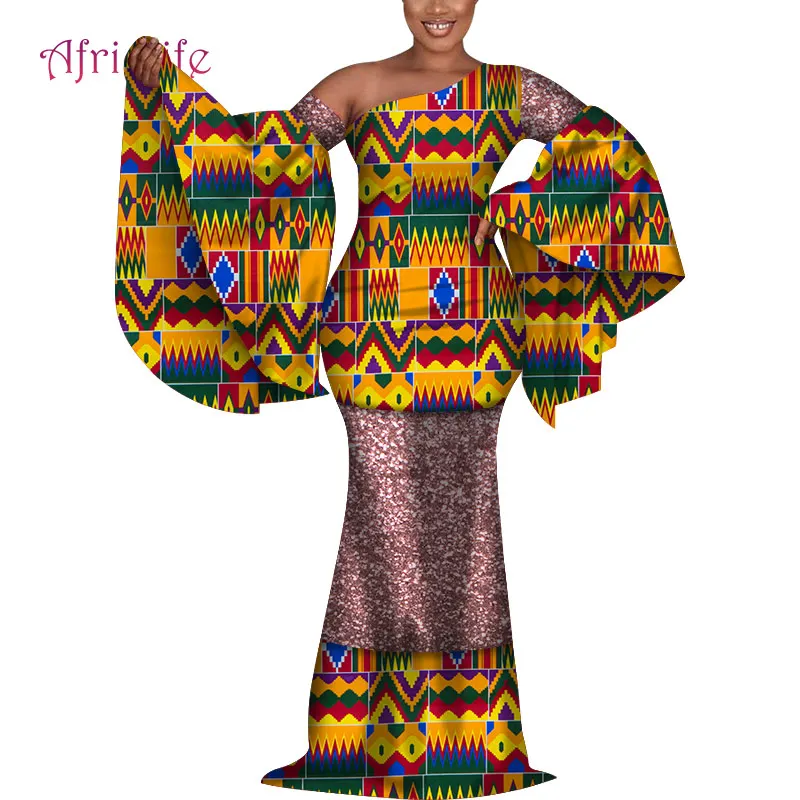 

Long Flare Sleeve African Women Dresses for Fall Spring Women Clothing Glitter Fabric Patchwork Fashion Lady Clothes WY7198