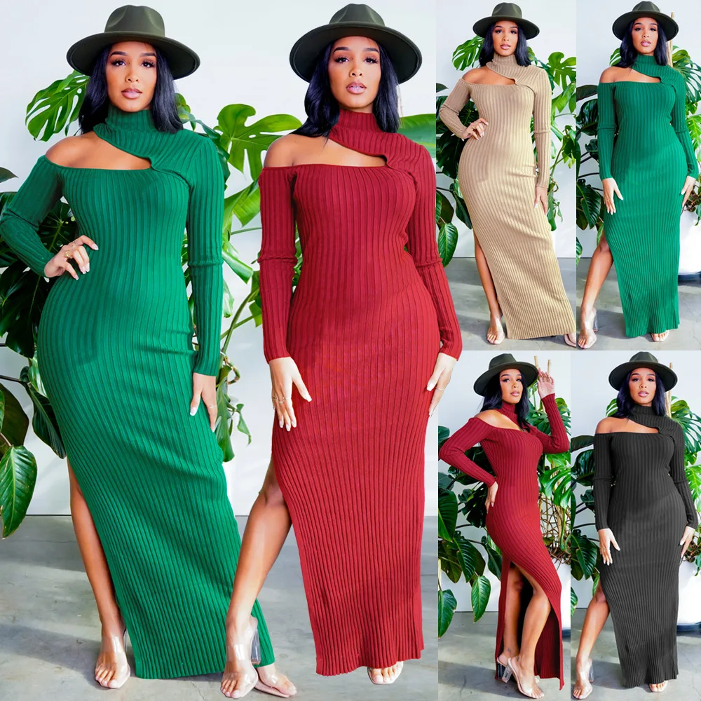 

Autumn And Winter New Sexy Open Show Slit Dress High Neck Pit Strip Long Skirt