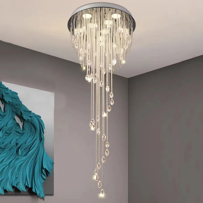 

Lamp Led Art Pendant Light Spiral Modern Chandelier Crystal Bead Staircase Ceiling Hanging Loft Theater Villa Hall Long Raindrop