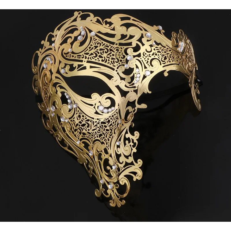 

Black Gold skull Metal Mask Halloween Rhinestone Half Face Venetian Masquerade Men White Women Skull Filigree Party Mask A