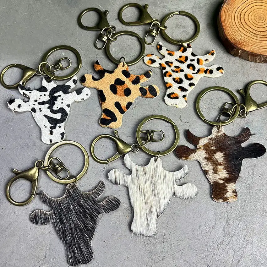 Genuine Leather Leopard Cow Head Keychain Western Key Fob Cow Key Chains Key Ring Bag Charm Vintage Jewelry Wholesale