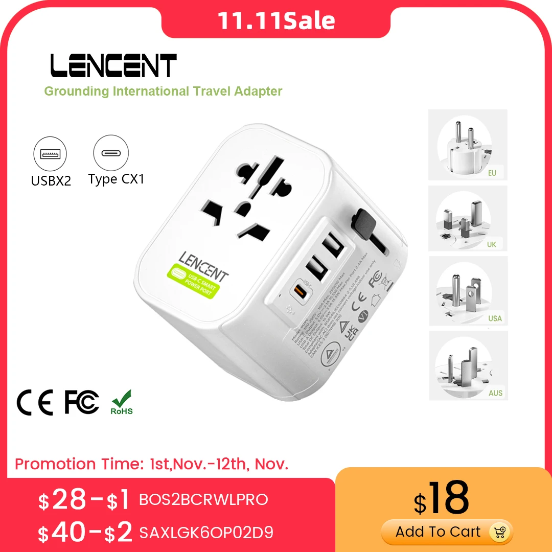 

LENCENT Universal Travel Adapter with 2 USB Ports and 1 Type C Grounding International Power Adapter for EU/UK/USA/AUS Travel