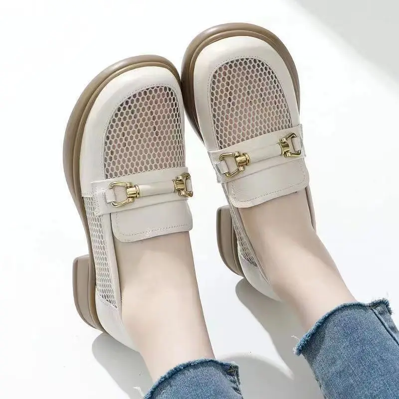 2023 New Summer Hollow Sandals Women's Soft Sole Single Shoes Fashion Round Head Slip-on shoe Shoes Mesh Breathable