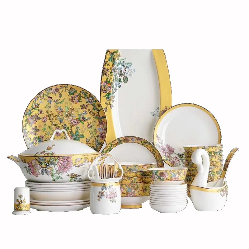 50 PIECES Tangshan bone china tableware set new Chinese dish rice bowl Creative Holiday Gift