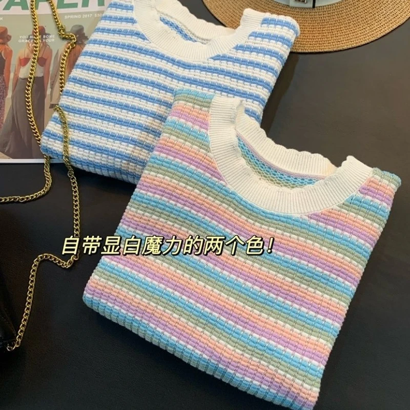 

Новинка весна-лето 2022, женские свитера с градиентными полосками и рукавами-фонариками