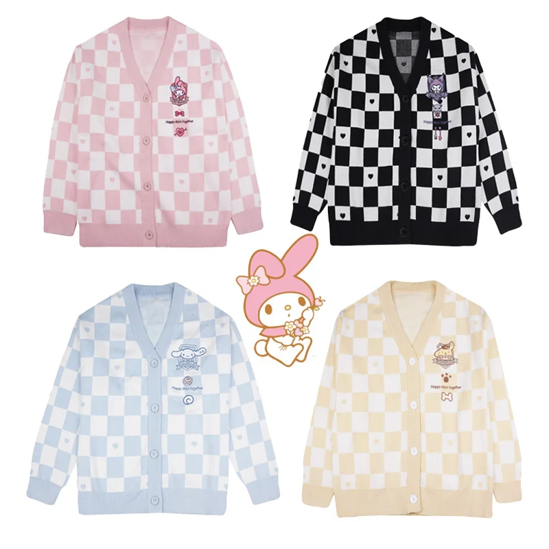 Кавайный мультяшный шахматный вязаный кардиган свитер My Melody Cinnamoroll Kuromi Purin Dog