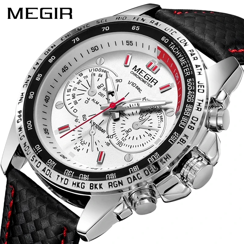 

MEGIR hot fashion man's quartz wristwatch brand waterproof leather watches for men casual black watch for male 1010