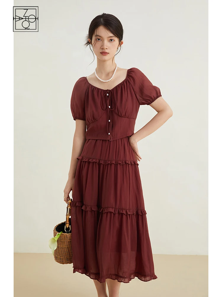 

ZIQIAO French Retro Suit for Female Summer Newly Light High Waist Cake Skirt + Peach Collar Short Shirt Two-piece Set for Women