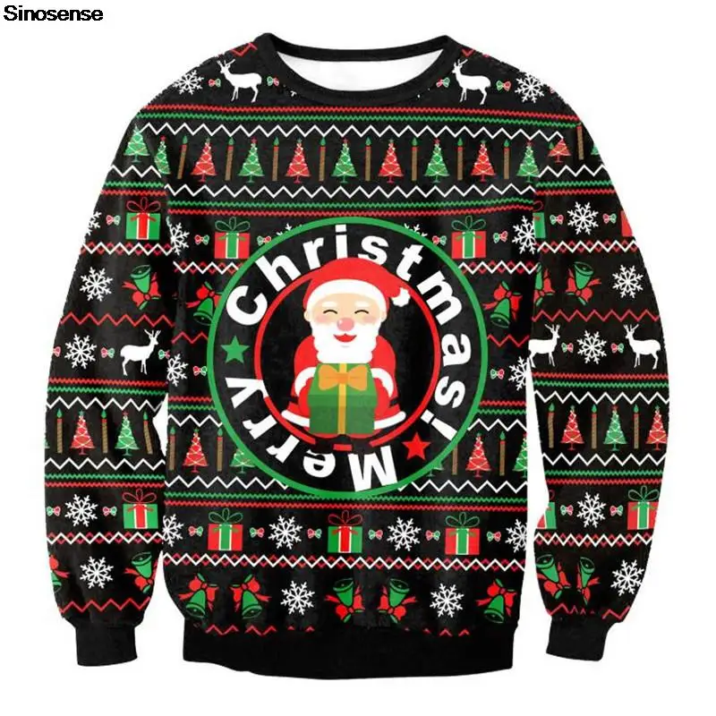 

Men Women Santa Ugly Christmas Sweater 3D Christmas Tree Gift Bell Snowflakes Reindeer Print Holiday Sweatshirt Xmas Jumper Tops