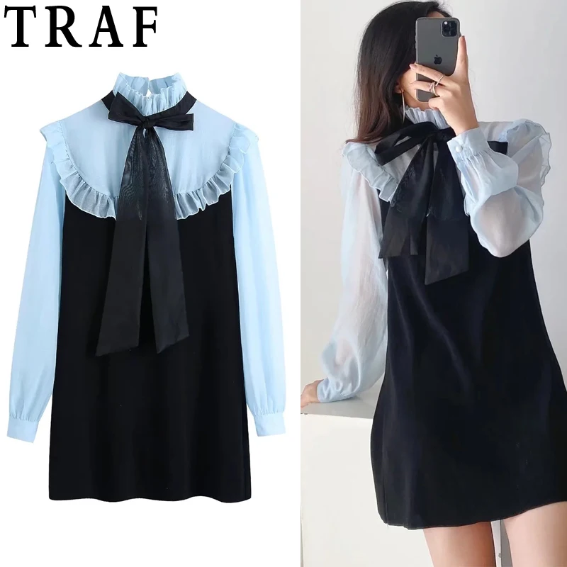 

Платье-мини женское трикотажное с оборками, длинным рукавом и бантом