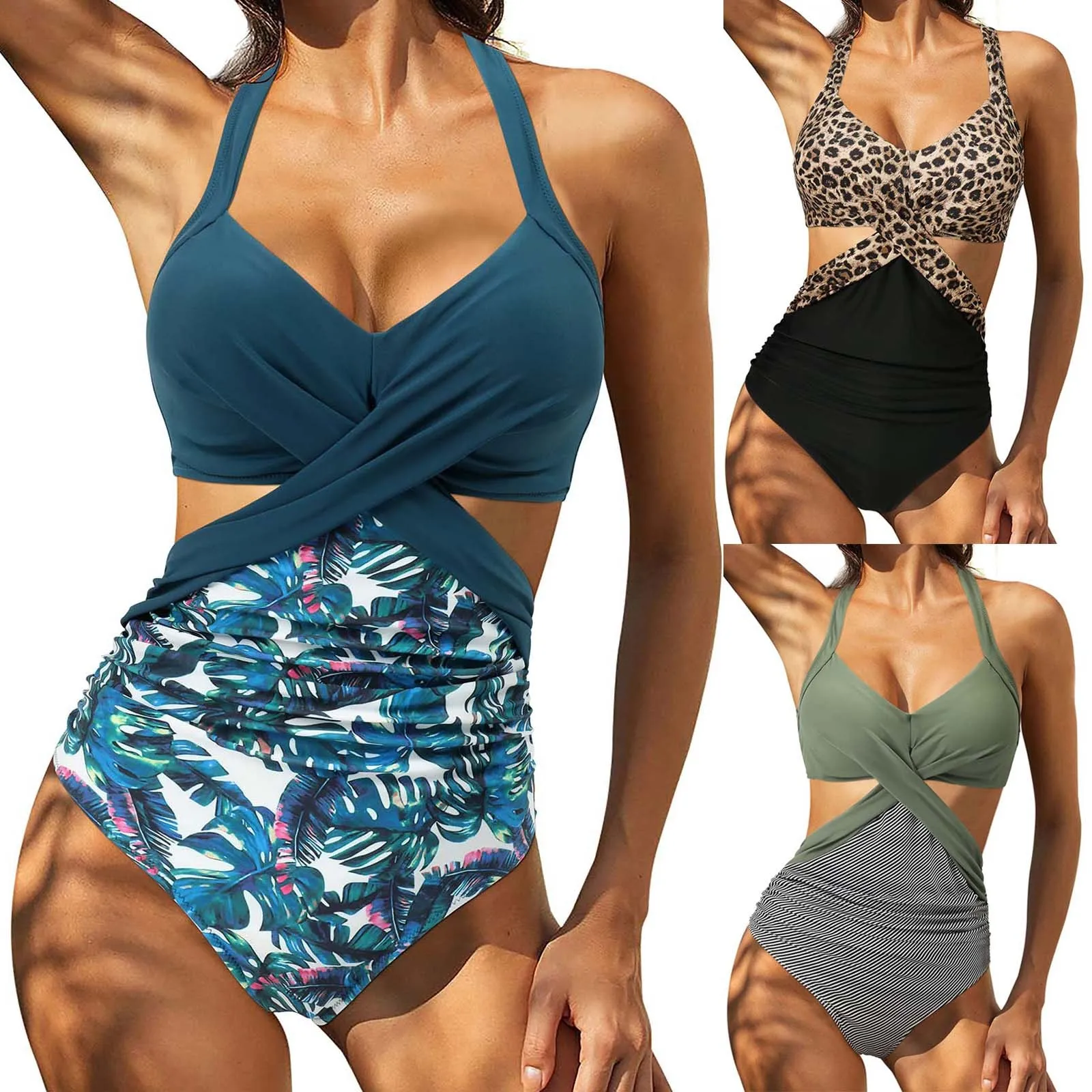 

2022 Sexy Solid Leopard One Piece Swimsuits For Female One Shoulder Women Swimwear Push Up Bathing Suits Bodysuits Beach wear