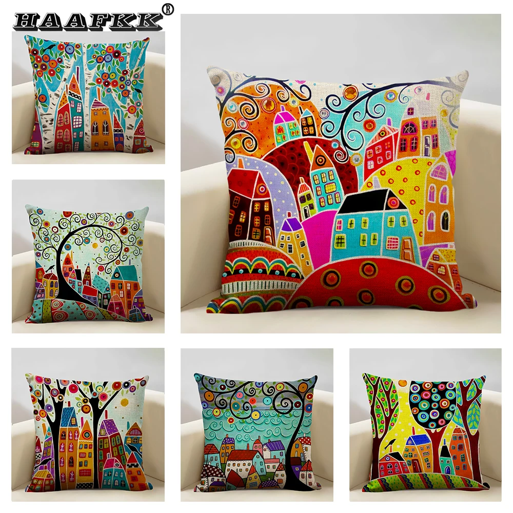 Home Decor Linen Cushion Cover Hand Painted Retro Country Color Sofa Pillow Cover Living Room Bedroom Decorative Pillowcase
