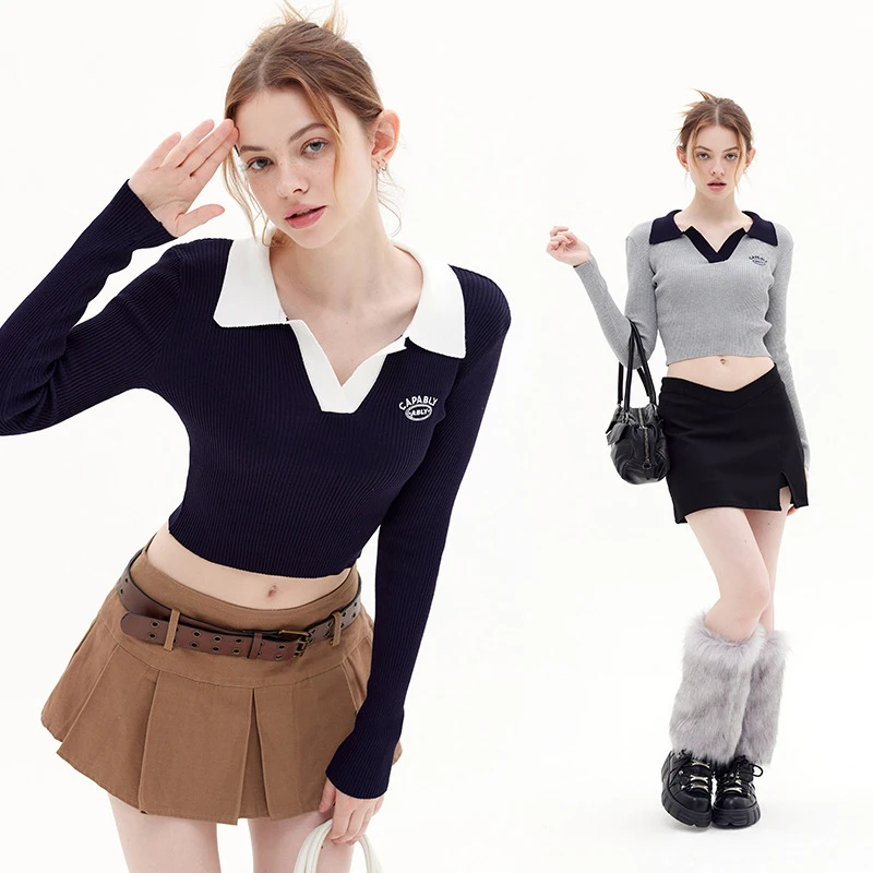 

Retro Lapel Solid Women Vest Sweater Harajuku Preppy Style Long Sleeve Sweaters Girl Autumn V-Neck Knitted Crop Tops