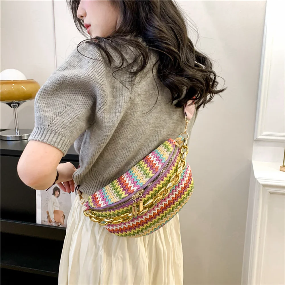 

Colorful Woven Chain Lady Satchel Bags Summer Beach Straw Crossbody Bag Retro Ethnic Style Women Shoulder Bag Double Zipper Bag