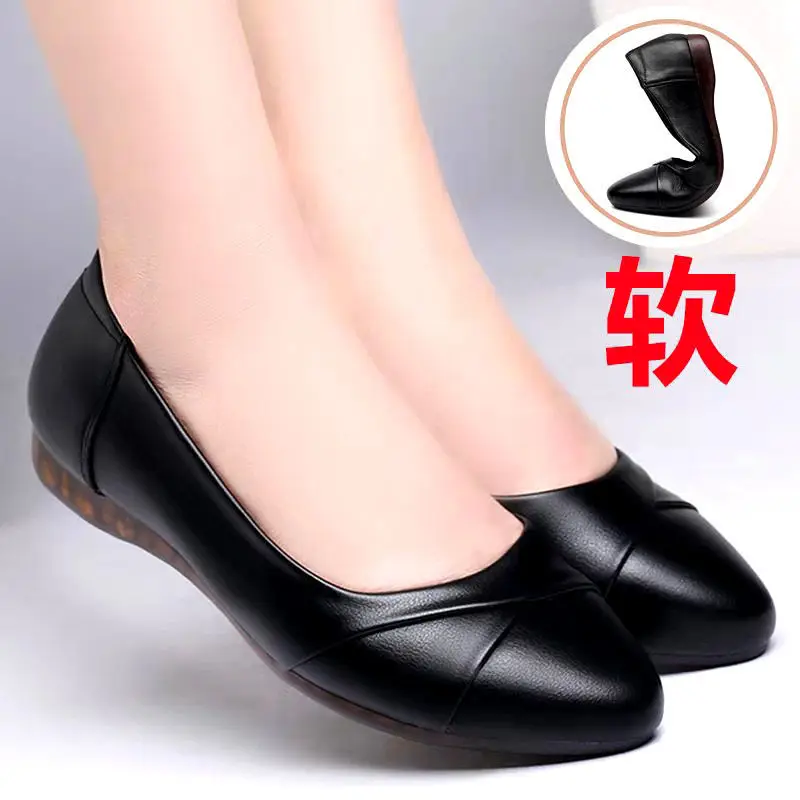 

Mother Ballet Shoes Black Women Wedges Casual PU Leather Shoes Office Work Boat Shoes Cloth Sweet Loafers Womens Classics Shoes