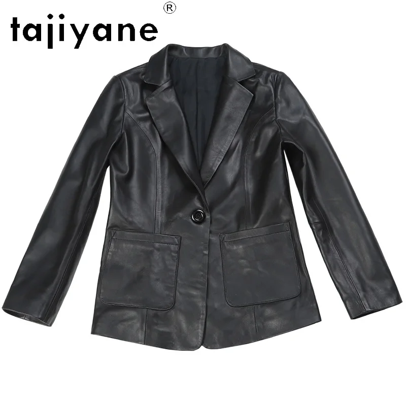 Женская кожаная куртка Tajiyane черная приталенная из натуральной овечьей кожи на