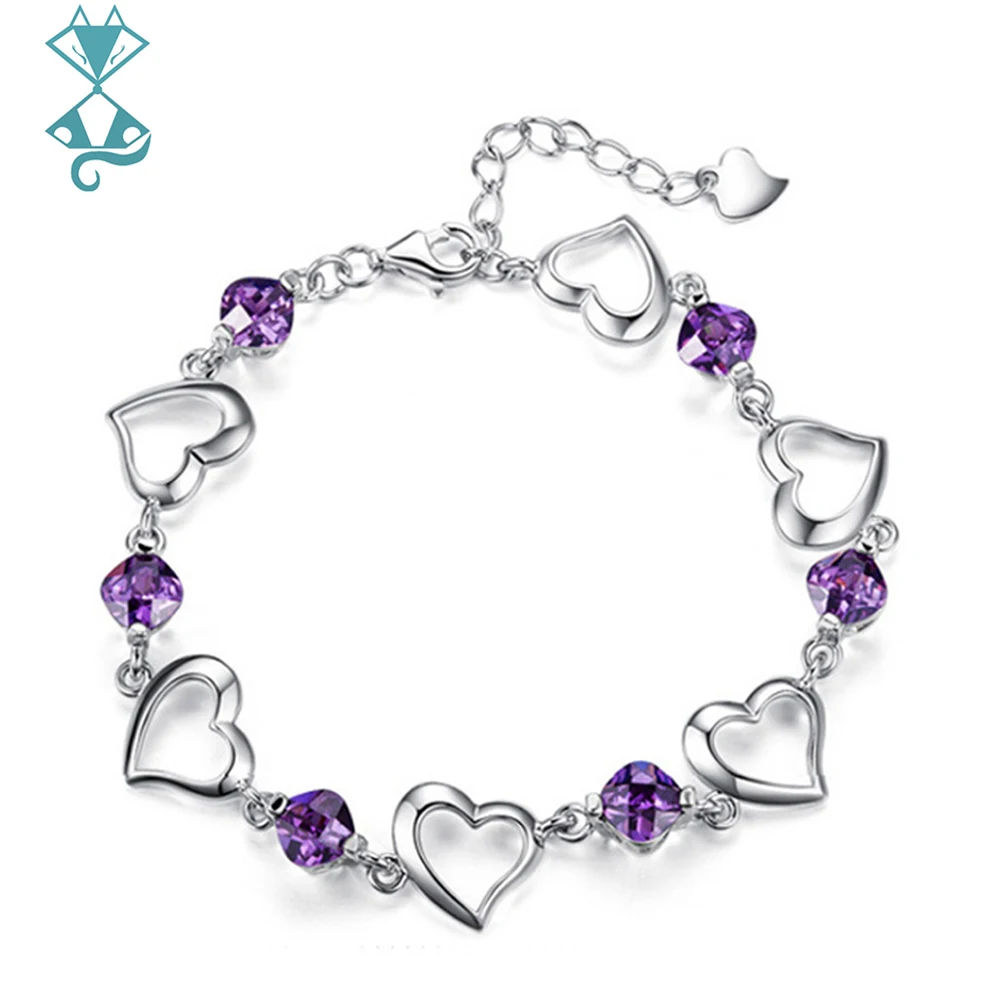 

Fashion 925 Sterling Silver Bracelet Heart Purple Crystal Zircon Bracelet For Woman Party Engagement Jewelry Gift