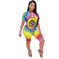 2 piece outfit womens suit summer classic cartoon home print tie dye casual short sleeved t shirt top and shorts two piece suit