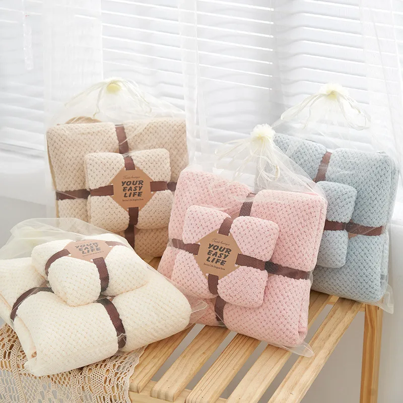 

New Coral Fleece Pineapple Lattice Bath Towel Set Adult Household Thickening Water-Absorbing Quick-Drying Wedding Gift Towel Set