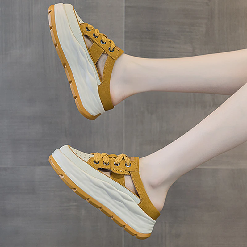 6CM Lace Rhinestone Decor Genuine Leather Slides Hollow Ladies Summer Breathable Ankle Boots Women Platform Sandals Wedge Shoes