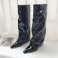 pointd toe knee high trousers boots sexy luxury women thin high heel patent leather wedges boots ladies gladiator zipper shoes