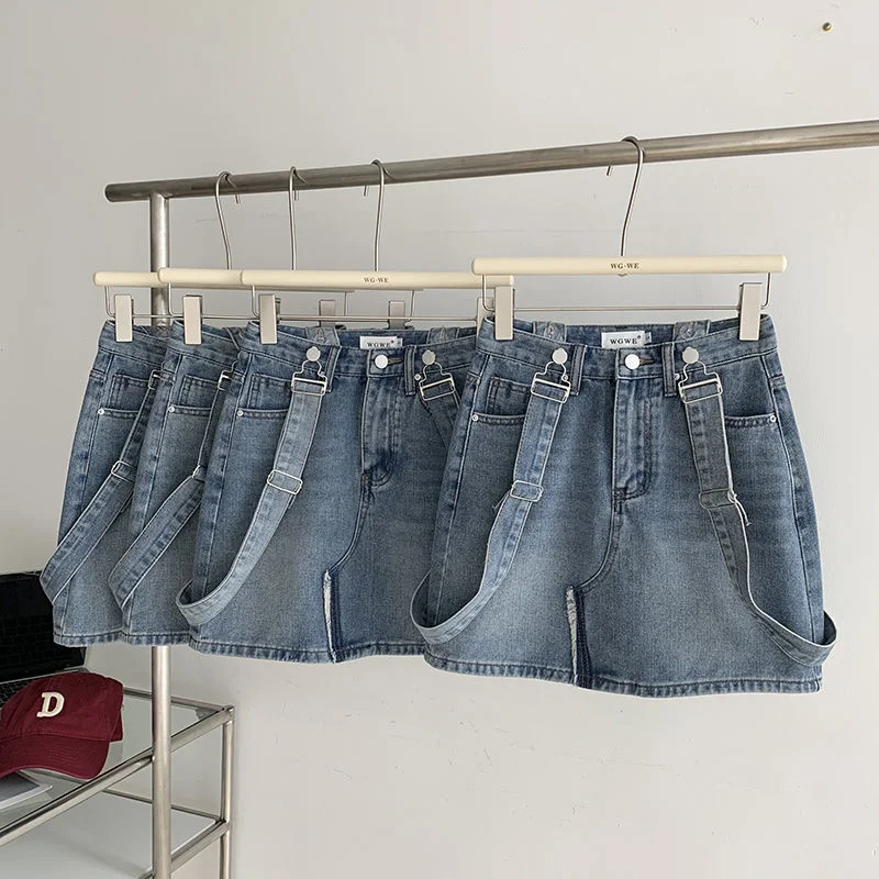 

Long Short Strap Skirt Detachable Strap Women's Summer Denim Mini Skirt