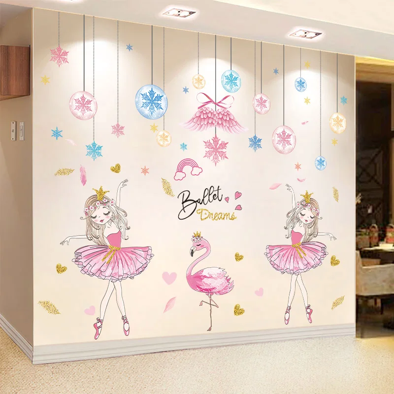 

Girl Dancers Flamingo Wall Stickers DIY Cartoon Snowflakes Wall Decals for Kids Rooms Baby Bedroom Nursery House Decoration