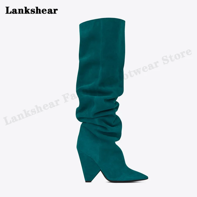 Long Tube Shaped Heel Pointed Toe Boots Horse Oil Leather Women's Shoes with Folds Car Stitching Flanging Elastic Boots Size 45