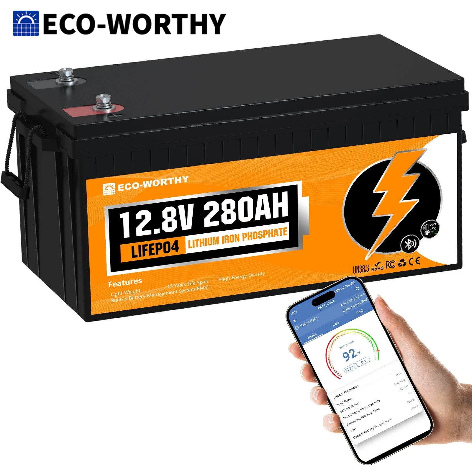 ECO-WORTHY LiFePO4 280Ah Bluetooth, Lithium Batterie 12V 280ah mit BMS Low Temperature Schutz und Max für Wohnmobil,Boot