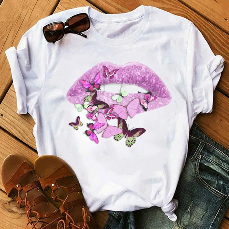 

Pink Lips and Butterflies Printed T Shirt New Fashion Women T Shirt Female Ladies Short Sleeve Tops Women Cute Graphic T-shirt T