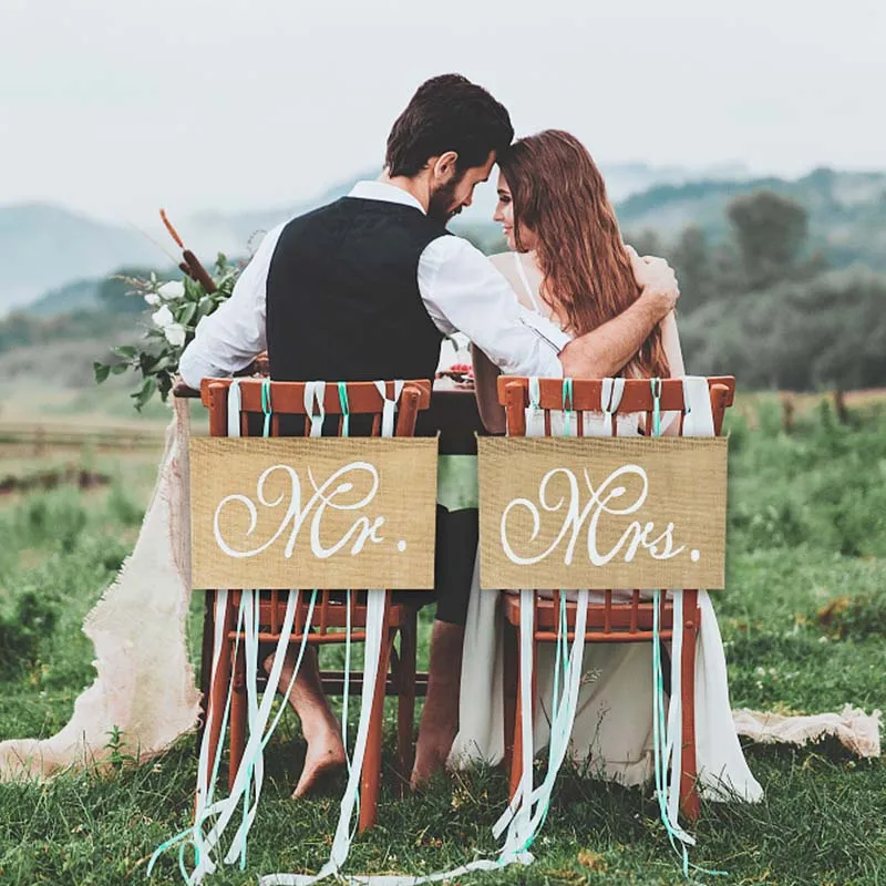 

1Pair Mr And Mrs Chair Banner Burlap Flags Europe Wedding Ceremony Decoration Bride Groom DIY Decor Sign Vintage Party Supplies