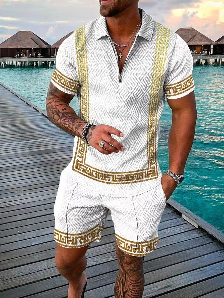 

Men's Summer Tracksuit Luxury Gold Chain Polo Shirt Set Turn Down Collar Zipper Clothing Streetwear Casual Outfit Suit