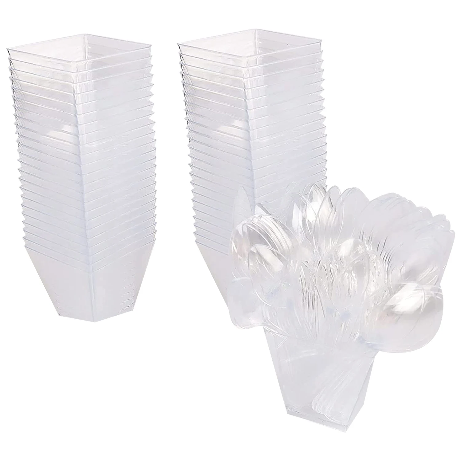 

Pack of 50 Dessert Cups with Spoons, 60Ml Dessert Bowls Set, DIY Plastic Dessert Cups, Reusable Trapezoid Cups Set