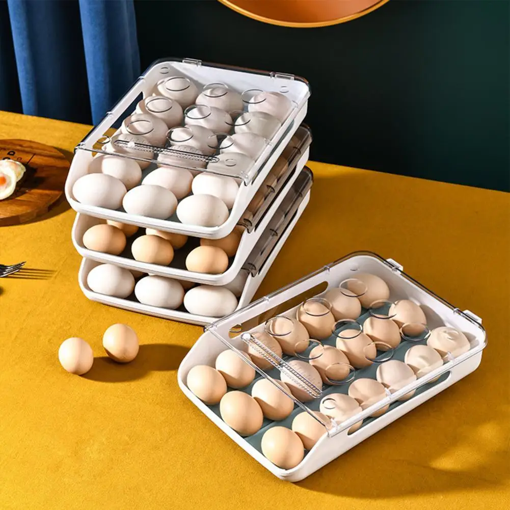 

Egg Storage Box Household Stackable Plastic Automatic Rolling Transparent Drawer Egg Tray Kitchen Storage Organization
