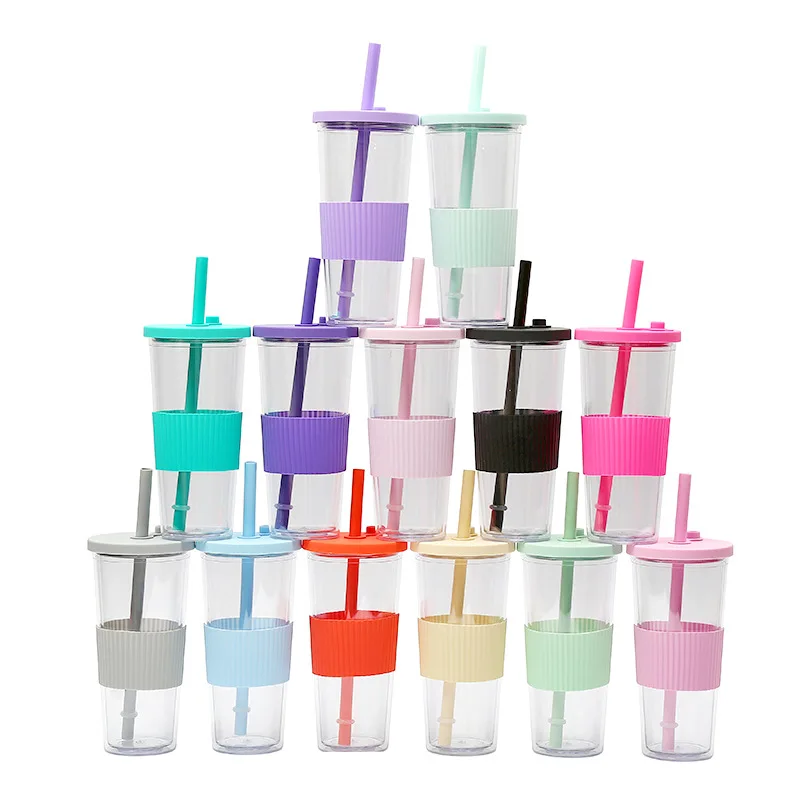 

24oz Bubble Tea Tumbler Plastic Smoothie Tumbler with Straw and Silicone Lid Reusable Boba Cup Double Wall Iced Coffee Tumbler