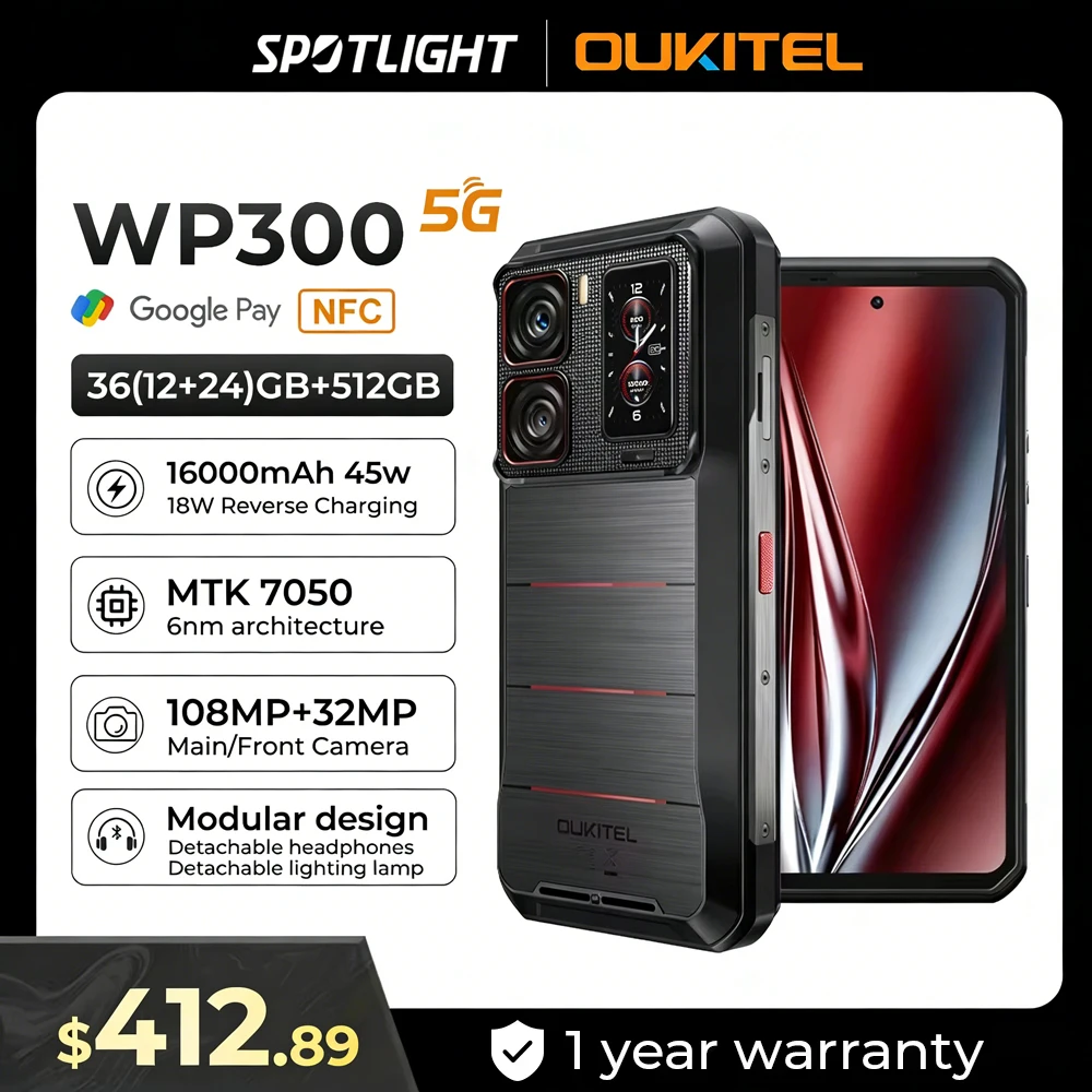 Фото Прочный телефон Oukitel WP300, 16000 мАч, 36 ГБ (12 + 24) ГБ + 512 ГБ, модульный съемный наушник/светильник для кемпинга, 6,78 дюйма, FHD, 120 Гц, 108 МП, Cell pho №1