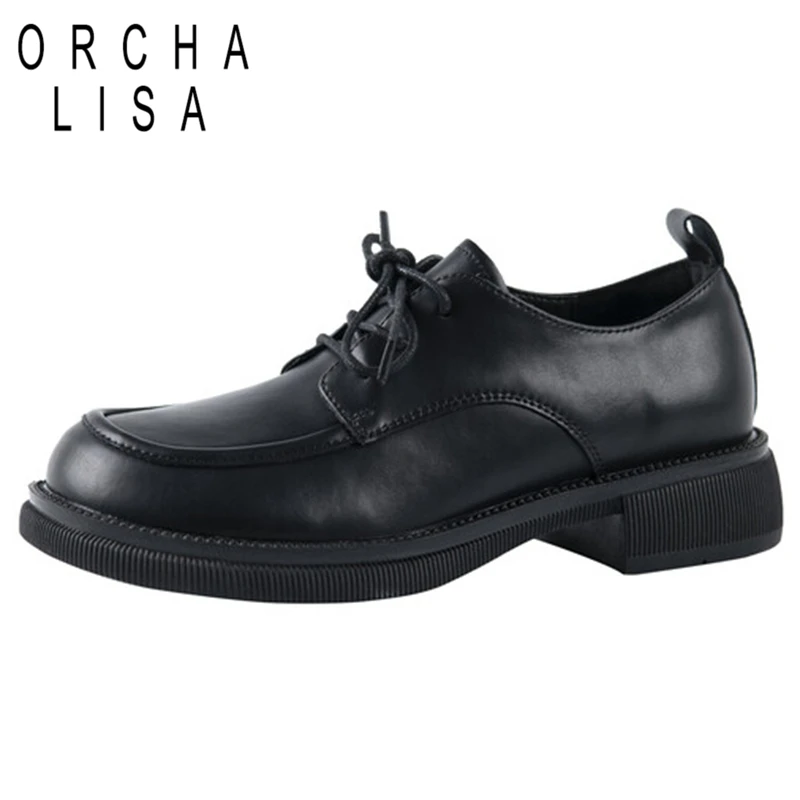 

ORCHA LISA 2022 Women Shoes Pumps Round Toe Chunky Heels Cow Split Lace-Up Casual Big Size 35-40 Black Taupe Spring Retro S3258