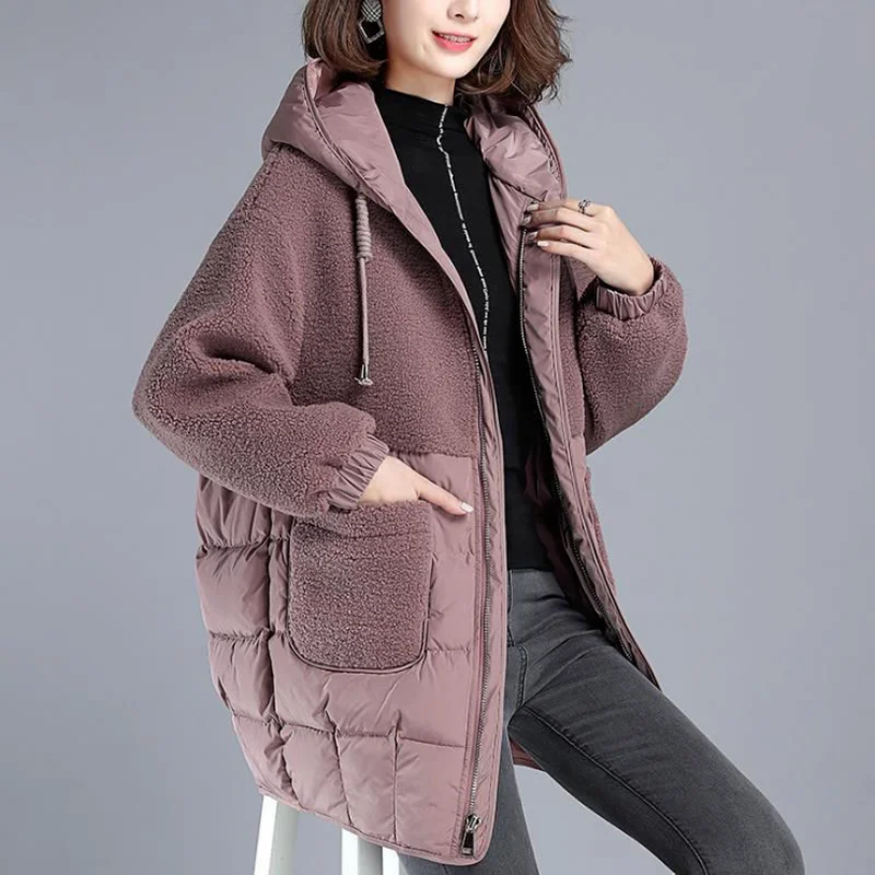 2022 Autumn New Parkas Jackets Female Women Oversize Lamb Teddy Splicing Hooded Coats Cotton Winter Jacket Womens Outwear Coat
